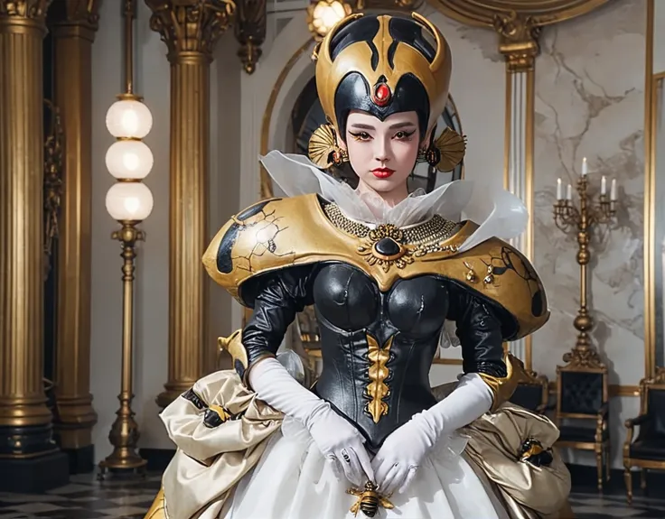 Alien-themed juuzaxl. full body of an arrogant beautiful woman in dynamic pose with makeup wearing a (queen-bee-themed:1.3) puffy bouffant wide ballgown with puffy sleeves, jewelry, long elbow gloves, transparent veil, big golden headgear. detailed eyes, u...