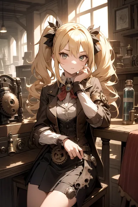 1girl, scientist, sitting, chair, blonde hair, twintails, steampunk, gears, cowboy shot, indoors, skirt