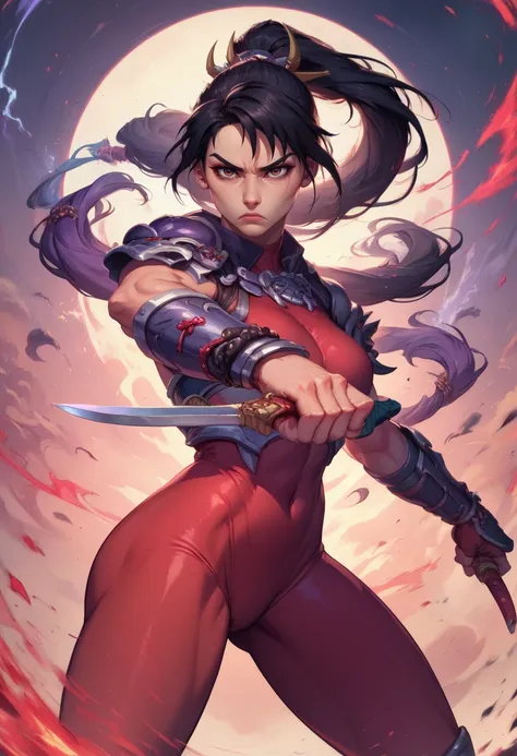 taki,black hair,brown eyes,ponytail,hair ornament,
red bodysuit,serious,shoulder armor,arm guards,skin tight,
standing,fighting ...