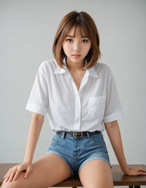 masterpiece, best quality, portrait photo of a 18 years old j-pop girl sitting on the table, wearing shorts, white shirt, beautiful face, perfect eyes, medium haircut, random pose, posing to viewer, low angle/from below, spread legs,
<lora:hinaMaybeBetterP...