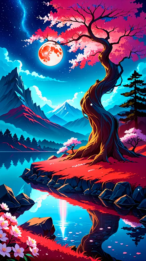 45 megapixel, he ethereal beauty of a mystical landscape under the red moonlight, The scene should be illuminated by a large, radiant moon, casting its glow upon a twisted, yet majestic tree with blossoms that seem to sparkle in the night, The treeâs roots...