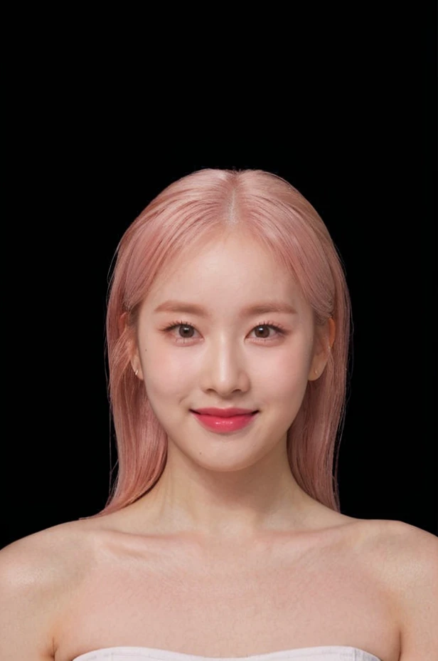 (extremely detailed eyes), korean idol, (((strapless))), raw photo, 1girl, (looking at viewer), upper body, ((full plain black background:1.3)), (Strapless_tube_top:1.5), bare shoulders, (((bare neck))), bare head, collarbone, (((closed mouth smile))), ((w...