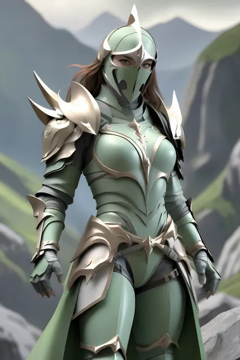 <lora:HXarmour_001XL:0.7>,hxarmour,1girl,(light green armour:1.1),mountain,captivating pose,