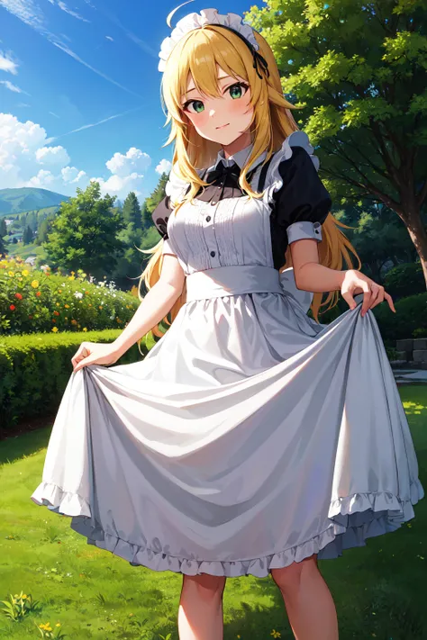 masterpiece, best quality, highres, aamiki, long hair, ahoge, <lora:hoshii_miki_v1:0.7>, maid, maid headdress, garden, skirt hold,