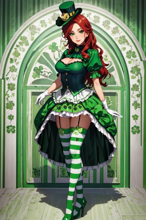 ((masterpiece,best quality,edgQuality)),(smile),1girl,solo,standing,posing,
edgShamrock,green dress, long hair,  skirt, thighhighs, gloves, hat, edgASA1,  red hair, boots, shoes,striped, puffy sleeves, high heels, green striped thighhighs, top hat, clover ...