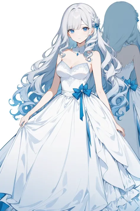 1girl, newest, late, ballgown, medium breasts, breasts, silver hair, hime cut, curly hair, long hair, blue eyes,  ribbon, absurdres,  (lineart:0.4), thick outlines, (official art:0.5), best quality,