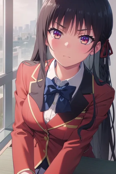 suzunehorikita, <lora:suzune horikita s2s3-lora-nochekaiser:1>,
suzune horikita, long hair, black hair, (red eyes:1.3), hair ribbon, braid,
BREAK bow, school uniform, jacket, bowtie, blue bowtie, blazer, (red blazer:1.5), skirt, white skirt,
BREAK indoors,...