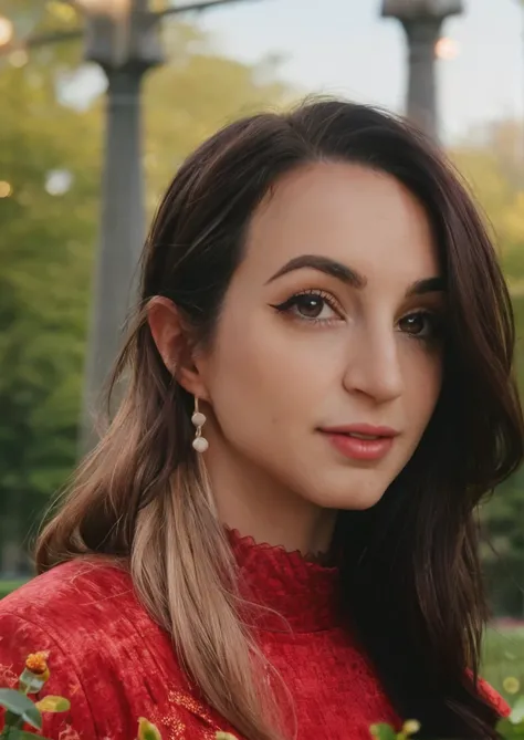 raw photo of gibiAsmr,<lora:gibiAsmr:1> detailed skin, detailed eyes, epiCPhoto, dslr, wears red dress, (bokeh:1.2), cinematic, photography By David Hamilton, in the park, (night:1.1),  looking at viewers,detailed face,( face closeup:1.1), render, octane, ...