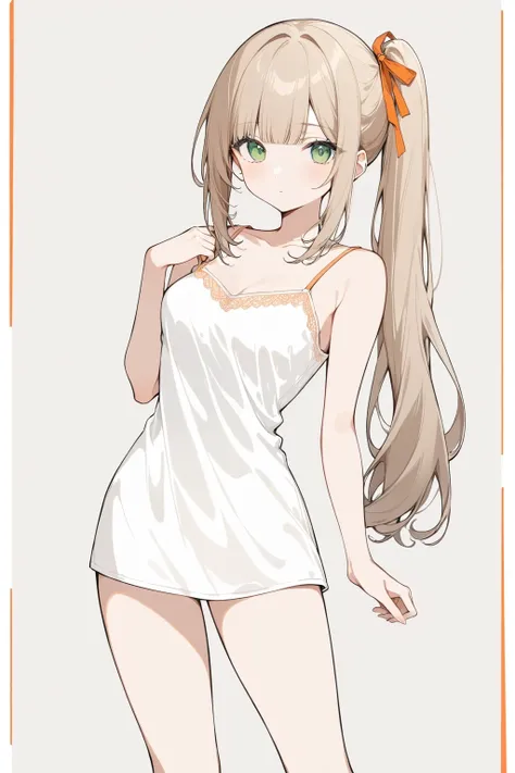 1girl, newest, late, camisole, medium breasts, breasts, light brown hair, blunt bangs, side-ponytail, long hair, green eyes, Orange ribbon, absurdres,  (lineart:0.4), thick outlines, (official art:0.5), best quality,