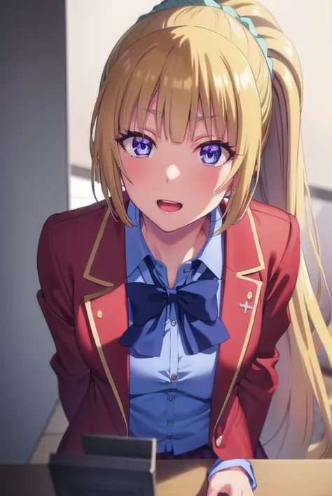 keikaruizawa, <lora:kei karuizawa s2s3-lora-nochekaiser:1>, 
kei karuizawa, long hair, bangs, blunt bangs, (purple eyes:1.1), blonde hair, shirt, hair ornament, ponytail, scrunchie, blue scrunchie, smile,
BREAK skirt, shirt, bow, school uniform, jacket, (r...