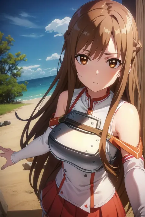 asunayuuki, <lora:asuna yuuki s1-lora-nochekaiser:1>, 
asuna yuuki, long hair, brown hair, (brown eyes:1.8),
BREAK skirt, thighhighs, bare shoulders, detached sleeves, armor, white thighhighs, (breastplate:1.2), red skirt,
BREAK outdoors, nature, forest, s...