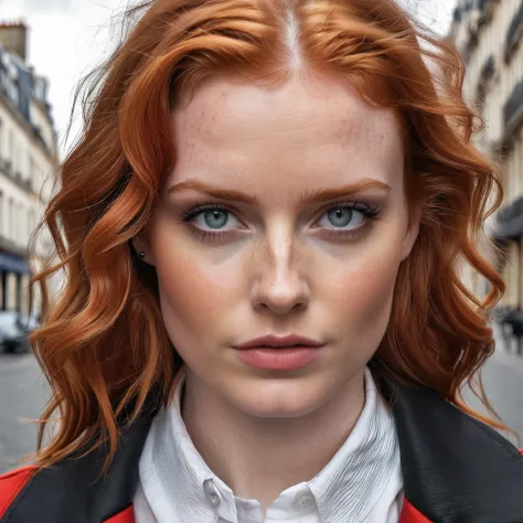 xyz1, close up raw photograph of a beautiful red haired model with grey eyes, dark smokey eyeliner, white blouse and red jacket shopping in Paris