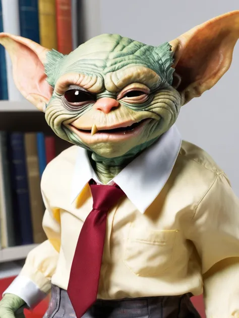 a Gremlin in a (shirt and collar and tie), (winks with one eye at viewer:1.4), (background books), close-up, (one eye closed),
 <lora:artmakeup_bit_winks_v52:1.2>