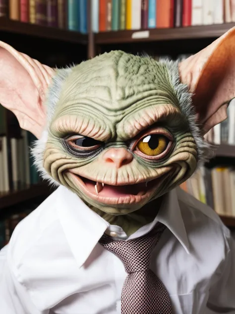 a Gremlin in a (shirt and collar and tie), (winks with one eye at viewer:1.2), (background books), close-up,
 <lora:artmakeup_bit_winks_v52:1.2>