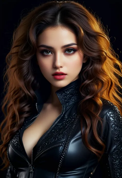 (beauty 1.3) photo of a vivacious Iranian girl, Striking eyes, voluminous wavy hair, lipgloss, wearing black intricately detailed tactical clothing, looking at viewer, seductive expression, (upper body shot:1.3) Studio lighting, shot using a Leica T in the...