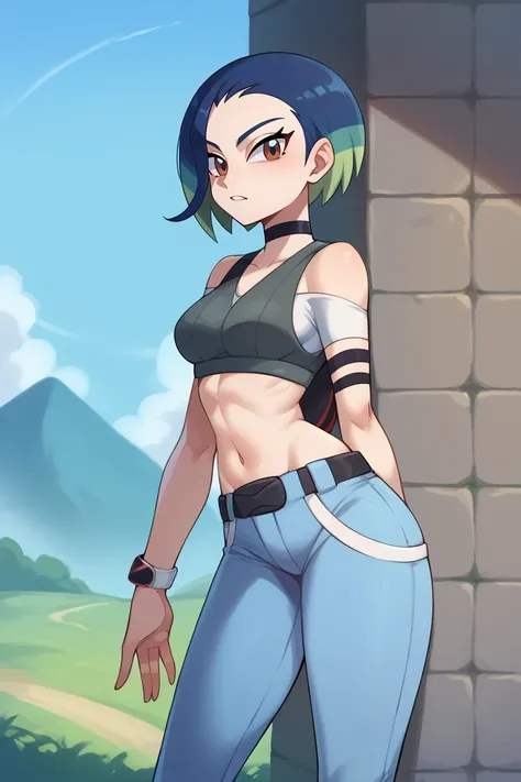 score_9, score_8_up, score_7_up, BREAK,  <lora:flick-guy-PONYv1:1>,1girl, solo, breasts,  <lora:pokemon_perrin_ponyXL:0.95> perrin, crop top, blue pants, choker, belt, bare shoulders