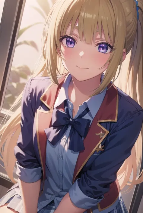 keikaruizawa, <lora:kei karuizawa s2s3-pruned-lora-nochekaiser:1>, 
kei karuizawa, long hair, bangs, blunt bangs, (purple eyes:1.1), blonde hair, shirt, hair ornament, ponytail, scrunchie, blue scrunchie, smile,
BREAK skirt, shirt, bow, school uniform, jac...