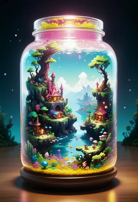 A jar encapsulating a fantastical realm, pixel art style, high saturation, vibrant hues of an enchanting landscape contained within glass, floating islands, mythical creatures visible through the transparency, twinkle of magical elements, depth illusion cr...