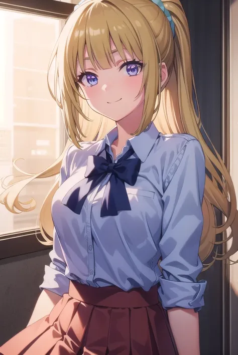 keikaruizawa, <lora:kei karuizawa s2s3-pruned-lora-nochekaiser:1>, 
kei karuizawa, long hair, bangs, blunt bangs, (purple eyes:1.1), blonde hair, shirt, hair ornament, ponytail, scrunchie, blue scrunchie, smile,
BREAK skirt, shirt, bow, school uniform, jac...