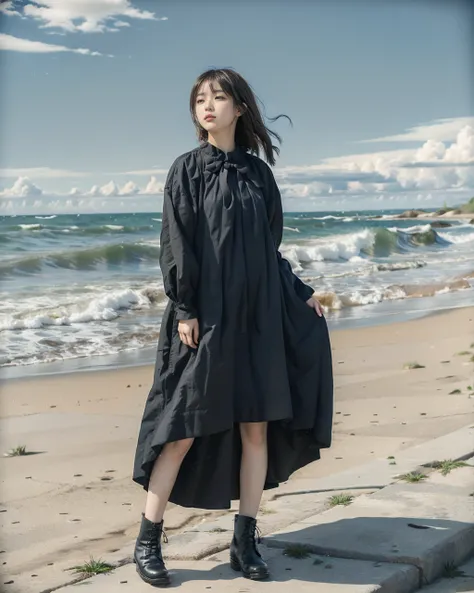 (best quality:1.5), (realistic:1.2) low angle, full body, standing, 16 year old girl, looking ahead, black hair, shy, blush, floating, wind, messy hair, tentdress, dark blue dress, ankle boots, black footwear, blue sky, road, beacon, sea, wave, sunlight, s...