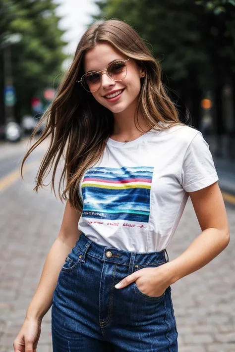 photo of beautiful (V4n3ss4M10v10-130:0.99), a woman, perfect hair, laughing, (modern photo), wearing (a T-shirt and baggy jeans) with sunglasses, portrait, 85mm, (analog, cinematic, film grain:1.3), (Crystalline Planet, Planet of shimmering structures ref...