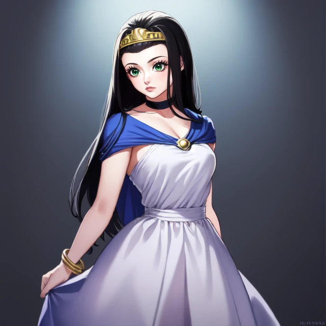 cowboy shot, solo, <lora:Medea_Dragon_Quest_VIII:0.9>, medea_dq8, 1girl, long hair, green eyes, black hair, jewelry, circlet, dress, blue cape, bracelet, choker, highres, Digital art, trending on artstation, best quality, insanely detailed, masterpiece, st...