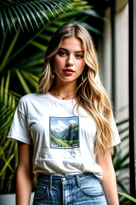 photo of beautiful (LilyR0wl4ndHM-130:0.99), a woman, perfect hair, laughing, (modern photo), wearing a (crew neck t-shirt:1.2) and long skirt with jewelry, portrait, 85mm, (analog, cinematic, film grain:1.3), (__advancedWildcardsScienceFictionKit_v10/adva...