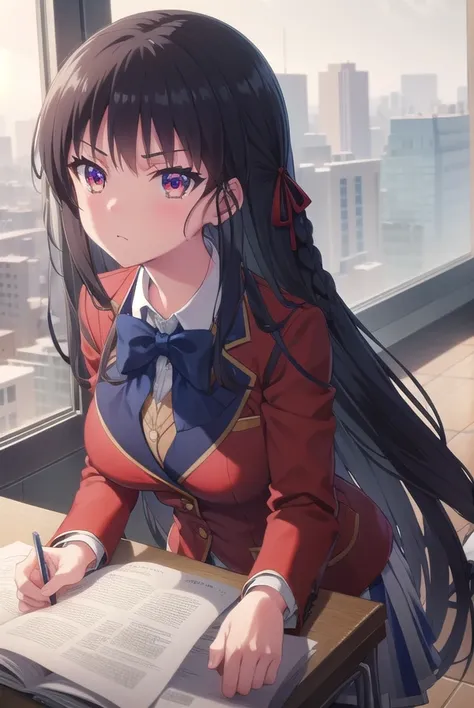 suzunehorikita, <lora:suzune horikita s2s3-lora-nochekaiser:1>,
suzune horikita, long hair, black hair, (red eyes:1.3), hair ribbon, braid,
BREAK bow, school uniform, jacket, bowtie, blue bowtie, blazer, (red blazer:1.5), skirt, white skirt,
BREAK indoors,...