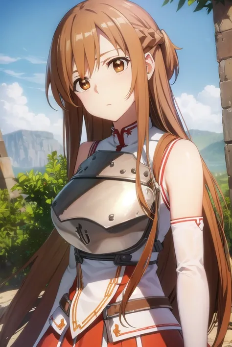 asunayuuki, <lora:asuna yuuki s1-lora-nochekaiser:1>, 
asuna yuuki, long hair, brown hair, (brown eyes:1.8),
BREAK skirt, thighhighs, bare shoulders, detached sleeves, armor, white thighhighs, (breastplate:1.2), red skirt,
BREAK outdoors, nature, forest, s...