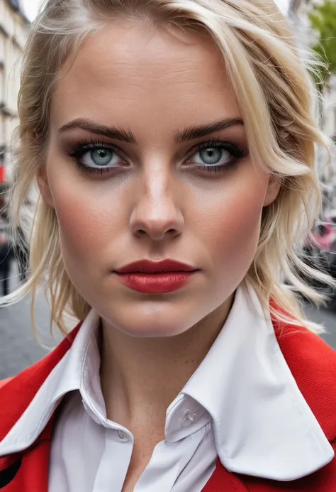 xyz1, close up raw photograph of a beautiful blonde model with grey eyes, dark smokey eyeliner, white blouse and red jacket shopping in Paris