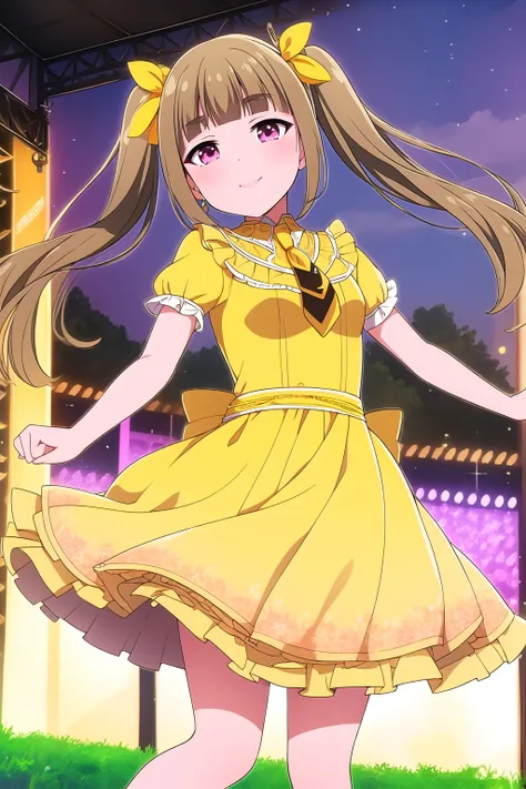 (masterpiece, best quality), highly detailed background, perfect lightingbest quality, fujimiyasakura, solo, outdoors, stage, idol, light brown hair, twintails, blunt bangs, long hair, sidelocks, thick eyebrows, pink eyes, small breasts, jewelry, yellow dr...