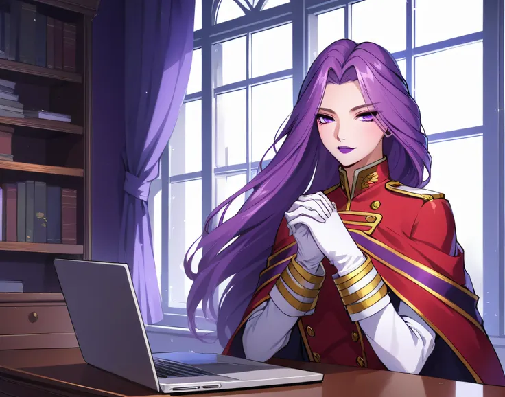 Cornelia Li Britannia,1girl,solo,long hair,gloves,purple eyes,purple hair,white gloves,cape,uniform,military,window,military uniform,makeup,own hands together,lipstick,desk,laptop,own hands clasped,purple lips
<lora:Cornelia:0.8>