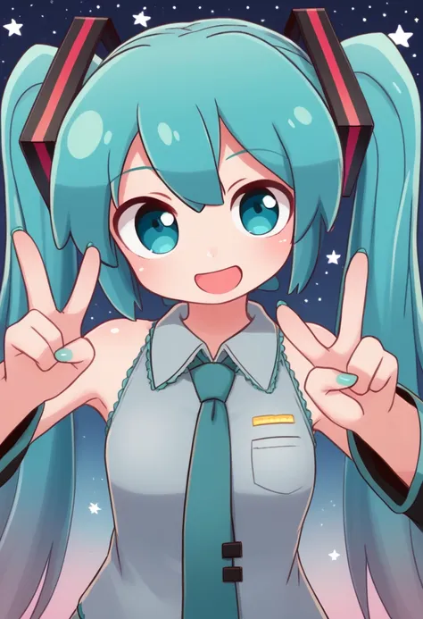 score_9, score_8_up, score_7_up, score_6_up, score_5_up, score_4_up, BREAK,
1girl, solo, looking at viewer, head tilt, v, peace, cowboy shot, happy,
hatsune miku, double v,
stars, clouds, abstract background,