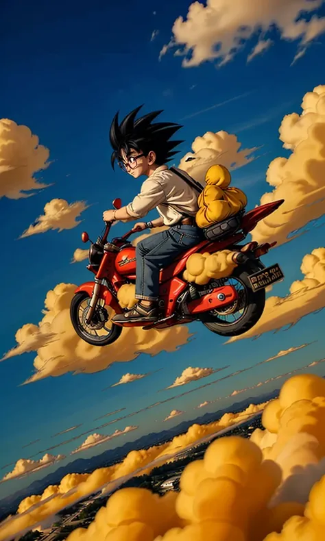 akirat2024, 1man riding a yellow cloud, floating through sky, manga, glasses, white shirt, short black hair, necktie, sunset, beautiful sky, 2d, otherworldly, anime, vibrant colors, flyingnimbus, riding on flying nimbus