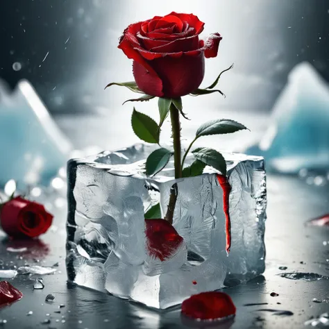 close-up photo of a beautiful red rose rising vertically breaking through a cube made of ice , splintered cracked ice surface, frosted colors, blood dripping from rose, melting ice, Valentine’s Day vibes, cinematic, sharp focus, intricate, cinematic, drama...