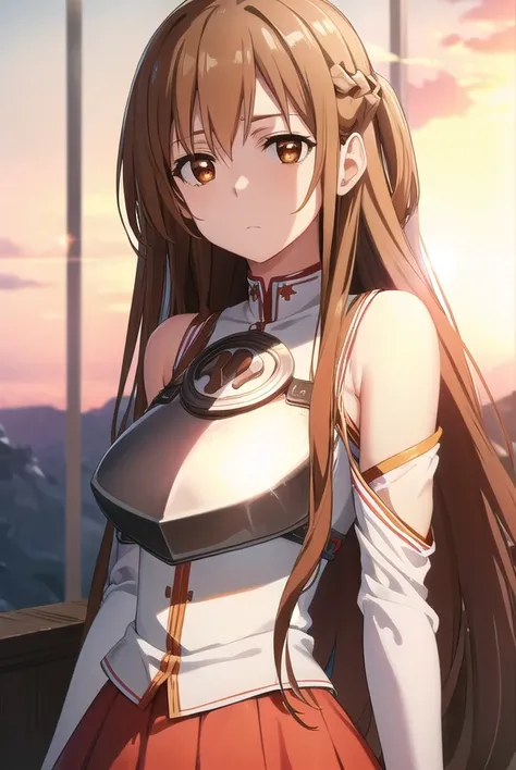 asunayuuki, <lora:asuna yuuki s1-lora-nochekaiser:1>, 
asuna yuuki, long hair, brown hair, (brown eyes:1.8),
BREAK skirt, thighhighs, bare shoulders, detached sleeves, armor, white thighhighs, (breastplate:1.2), red skirt,
BREAK outdoors, nature, forest, s...