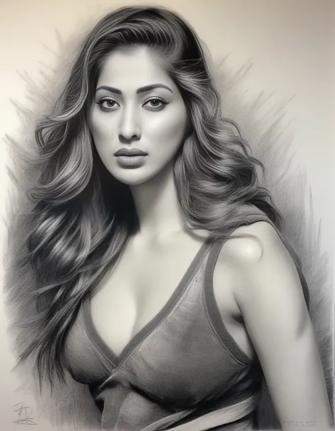 RaaiLaxmi,<lora:RaaiLaxmiSDXL:1>charcoal drawing of a girl by timothy, in the style of hyper-realistic sci-fi, detailed perfection, hyper-realistic details, realistic human figures, heavy use of palette knives, hyper-realistic pop, frayed