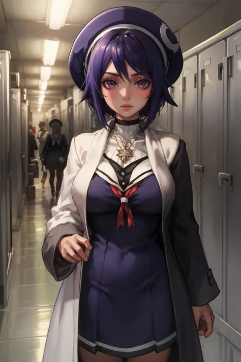 masterpiece, best quality,  <lora:otodamatamako-nvwls-v1-000010:0.9> otodama tamako, black beret, necklace, sailor collar, white and black coat, purple dress, large breasts, hallway, dark, night, lockers, looking at viewer, scared