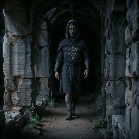 

((walking through edieval ruins)),
v-of-u, solo, looking at viewer, 1boy, closed mouth, upper body, male focus, ((facial tattoo, occult symbols)), hood, armor, orange eyes, glowing, glowing eyes, cloak, hood up, ((magic circle)), 
((full body)),

realist...