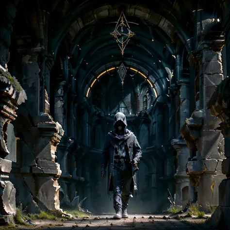 

((walking through medieval ruins)),
v-of-u, solo, looking at viewer, 1boy, closed mouth, upper body, male focus, ((facial tattoo, occult symbols)), hood, armor, orange eyes, glowing, glowing eyes, cloak, hood up, ((magic circle)), 


realistic, depth of ...