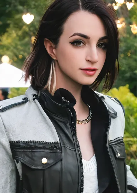 raw photo of gibiAsmr,<lora:gibiAsmr:1> detailed skin, detailed eyes, epiCPhoto, dslr, wears a leather jacket, (bokeh:1.2), cinematic, photography By David Hamilton, in the park, (night:1.1),  looking at viewers,detailed face,( face closeup:1.1), render, o...