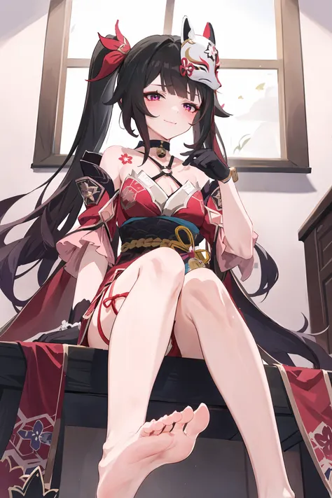 1girl, sparkle (honkai: star rail), twintails, hair ornament, solo, off shoulder kimono, mask on head, detached sleeves, choker, obi, single glove, wristband, criss-cross halter, thigh strap, blush, sitting, from below, foot foacus,  looking at viewer, bar...