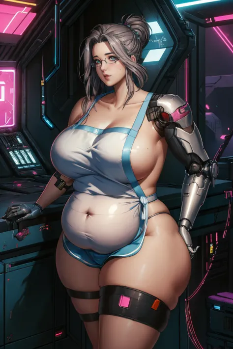 <lora:PulenKompot-Cyberpunk 2077 Style:0.8> cb2077, science fiction, cyberpunk, sci-fi, neon, cyborg, prosthetic arm, cybernetic eye, artificial eye, plump, fat <lora:labiata-lo-richy-v1:0.8> labiataapron, pink apron, naked apron, dolphin shorts, glasses, ...