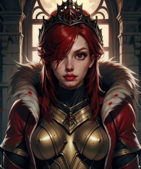 Hilde,red hair,lips,hair over one eye,red eyes,mole under mouth,
armor,gauntlets,fur trim,breastplate,thighhighs,red coat,head crown,
upper body,standing,
european castle,
(insanely detailed, beautiful detailed face,masterpiece, best quality),solo,<lora:Hi...