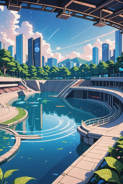 anime style, Lakeside amphitheater in a wonderous,Phantasmagoric scifi city at the beginning of the universe