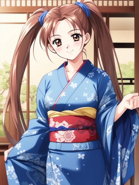 <lora:Kanou_Ryouko:0.8>, KanouRyouko, twintails, brown hair, long hair, brown eyes, solo focus, 1girl,ãblue_kimono, east asian architecture, zentangle, smile, blush, cowboy Shot,
masterpiece, high quality, very_high_resolution, large_filesize, full color...