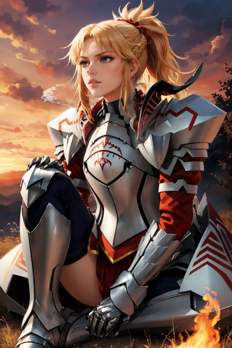 masterpiece, best quality,   <lora:mordred-nvwls-v1-000009:0.9> armorMord, ponytail, armor, full armor, shoulder armor, gauntlets, armored boots, sitting, serious, fire, red sky, smoke, looking up