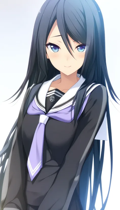 1girl,Himuraki Mizuha,school uniform,black serafuku,gray lines on the sleeves,purple tie is decorated with two white stripes,masterpiece,best quality,game cg,blush,smile,(detailed beautiful eyes:1.2),(beautiful face:1.2),<lora:HimurakiMizuhaXLK:1>,white ba...