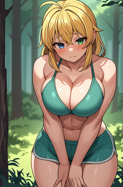 score_9, score_8_up, score_7_up, score_6_up, score_5_up, score_4_up, source_anime, think outline, fat outline
Ryona_XL, blonde, heterochromia, green eyes, blue eyes, large breasts, :3, blush, bra suit, BREAK, forest
<lora:Ryona_XL:0.7>