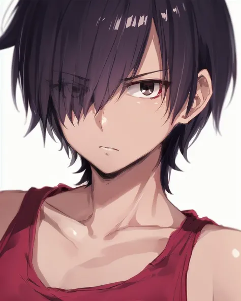 <lora:Kazuma-v6-hadamard:0.7> Kazuma, red tank top, white background, looking at viewer, upper body, black eyes, hair covering eye, upper body, portrait